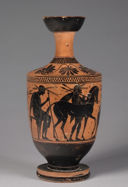 Black-Figure Lekythos (Oil Vessel): Seated Men, Warriors and Horse