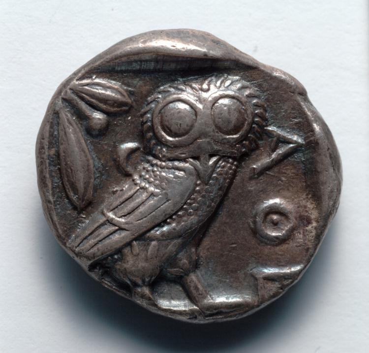Tetradrachm: Owl, Crescent Moon, Olive Branch (reverse)