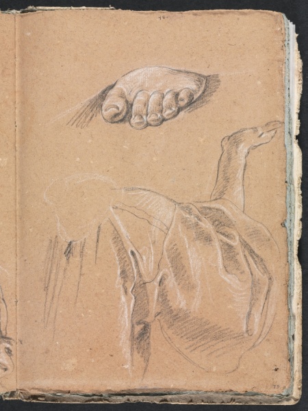 Verona Sketchbook: Study of a left foot and drapery study with right arm (page 79)