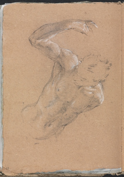 Verona Sketchbook :Male nude with upraised right arm (page 32)