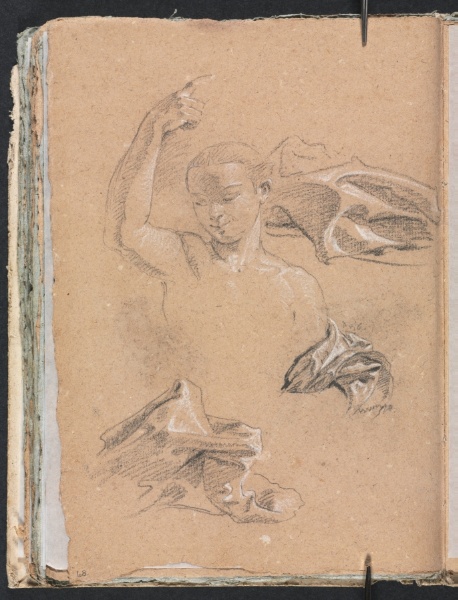 Verona Sketchbook: Figure with upraised right arm and drapery studies (page 68)