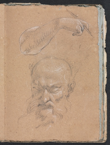 Verona Sketchbook: Head of a bearded man and right arm and hand (page 59)