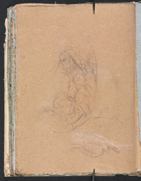 Verona Sketchbook: Figures in a roundel with study of a hand (page 70)