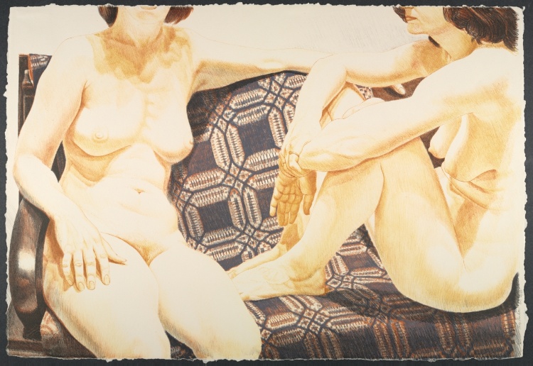 Two Nudes on Blue Coverlet