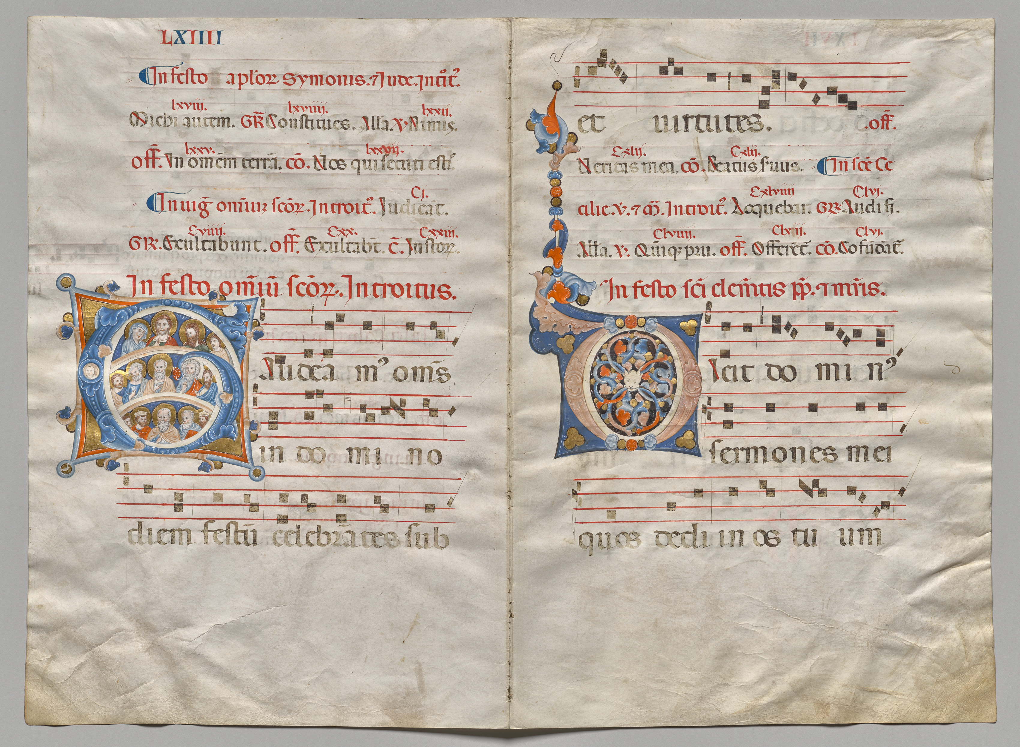 Bifolio from a Gradual:  Initial (G) with Christ, the Virgin, and Apostles and Initial (O) (recto)