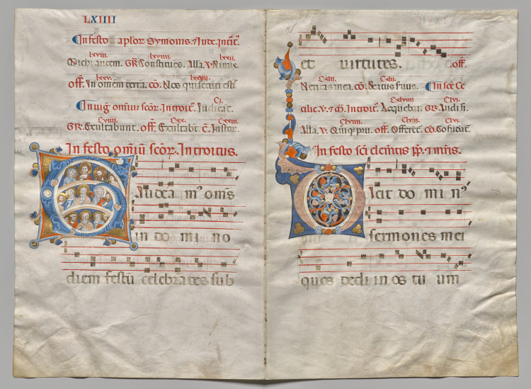 Bifolio from a Gradual:  Initial (G) with Christ, the Virgin, and Apostles and Initial (O) (recto)