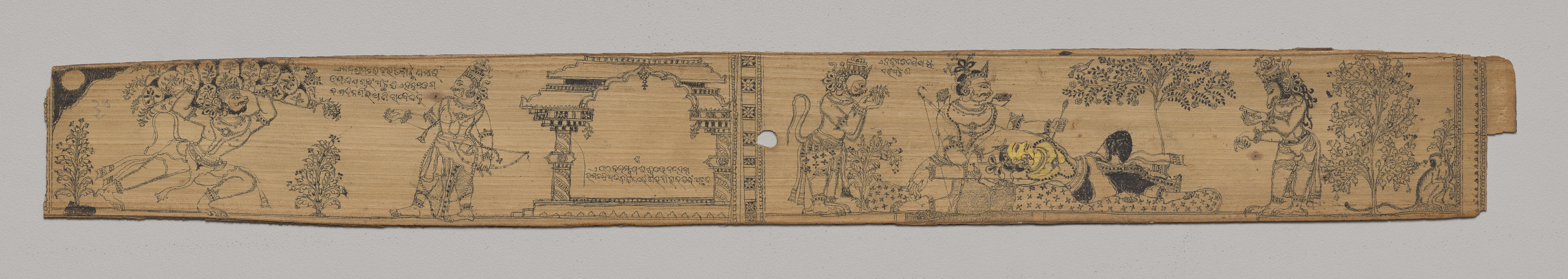 Hanuman Brings the Mountain of Healing Plants; Rama Extracts the Arrow from Lakshmana as Hanuman and a Bear Prepare to Treat Him (recto), from a Romance of Chandrabhanu and Lavanyavati of Upendra Bhanja (Indian, died 1740)