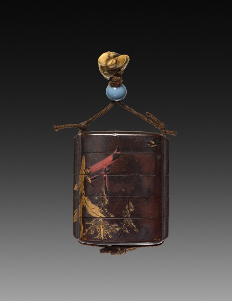 Inro with Shrine Gate and Figure Shooting Bird