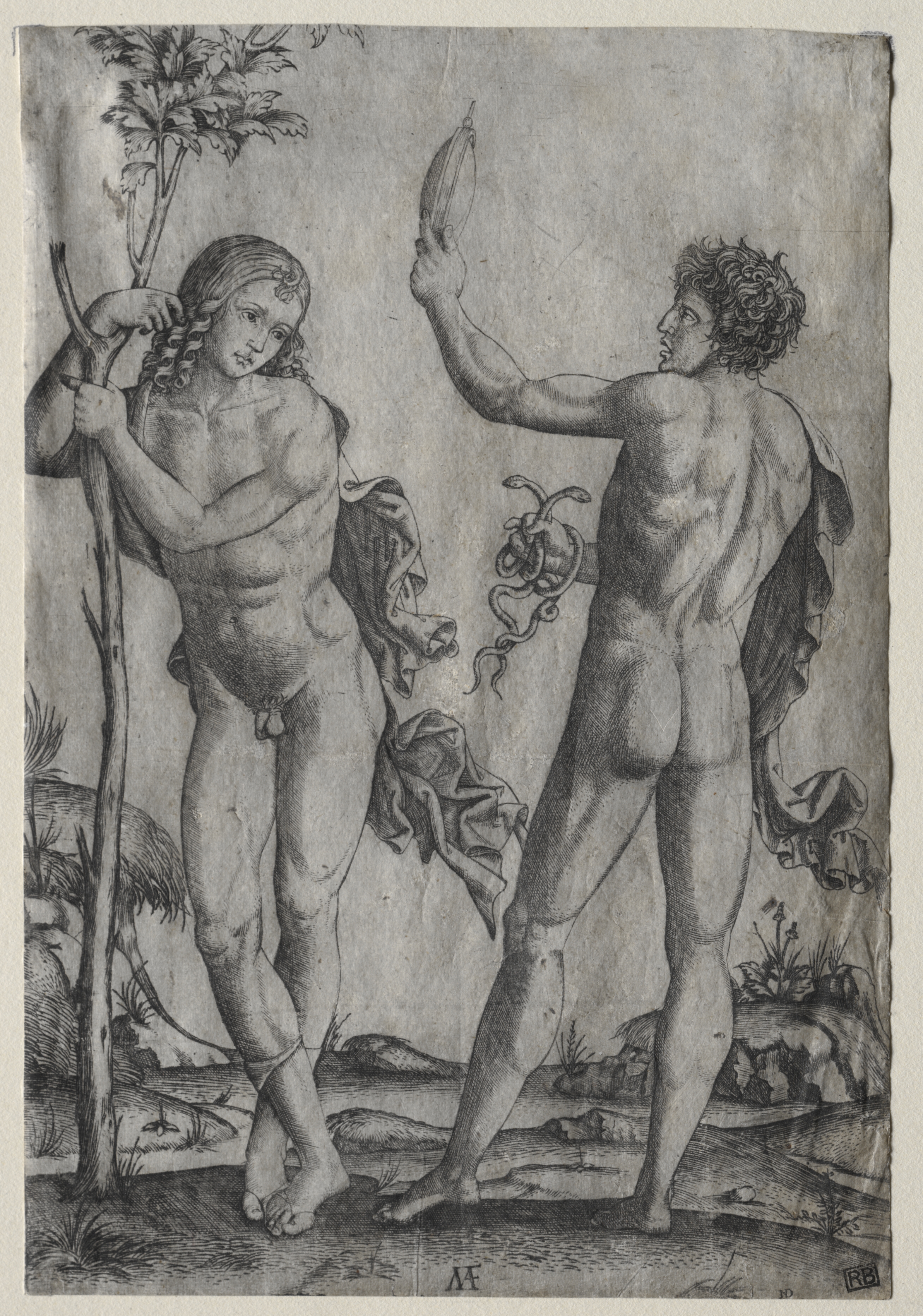 Two Nude Men Beside a Tree