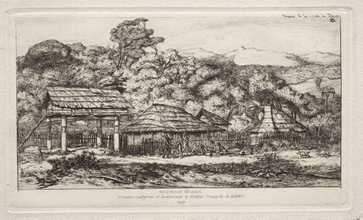 Native Barns and Huts at Akaroa, Banks' Peninsula, 1845
