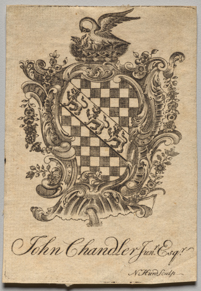 Bookplate:  Coat of Arms with John Chandler Jun.r, Esq. inscribed