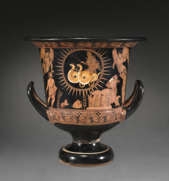 Red-Figure Calyx-Krater (Mixing Vessel): Medea in Chariot (A); Telephos...