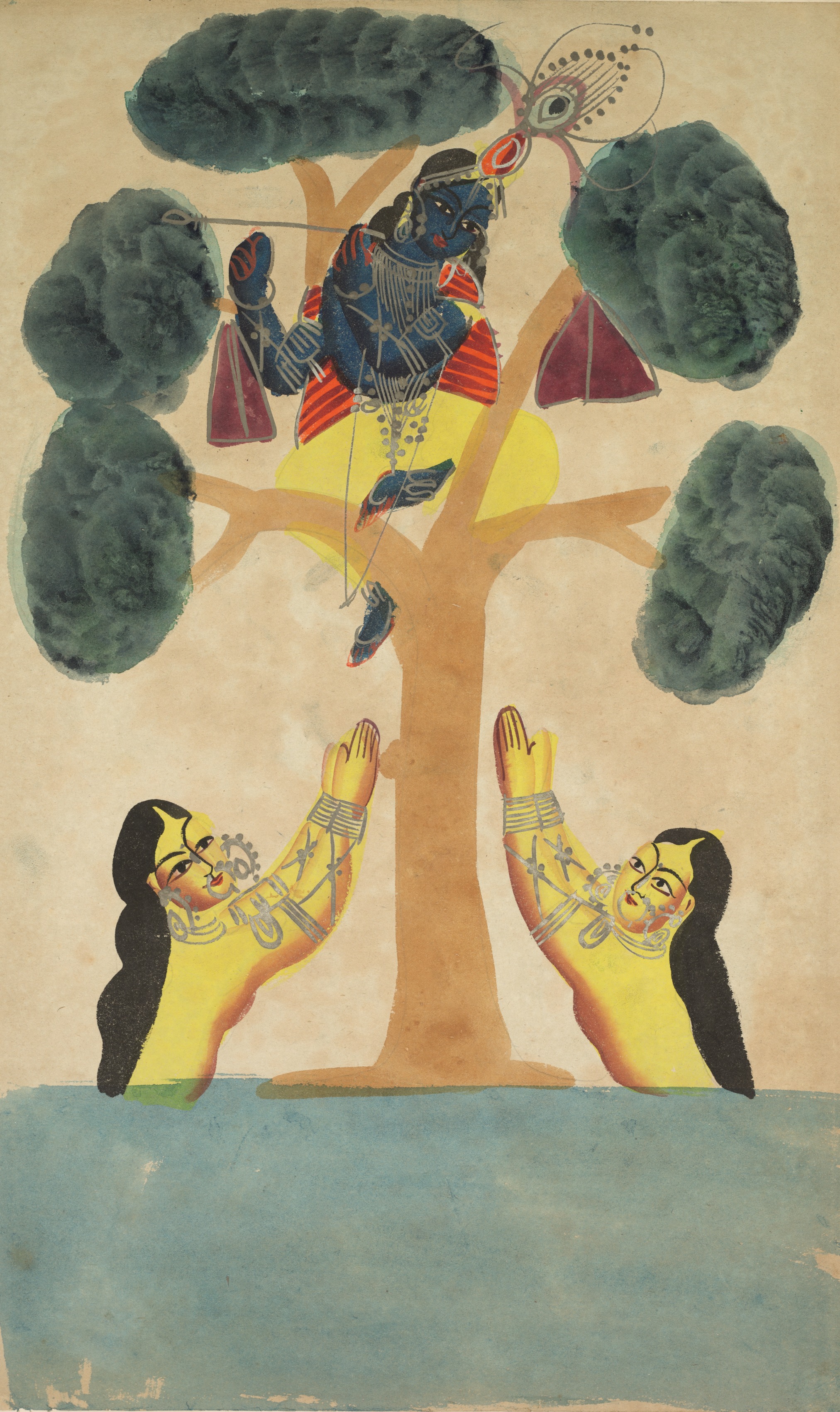 Krishna Steals the Clothes of the Cowgirls (Gopis) (recto), from a Kalighat album