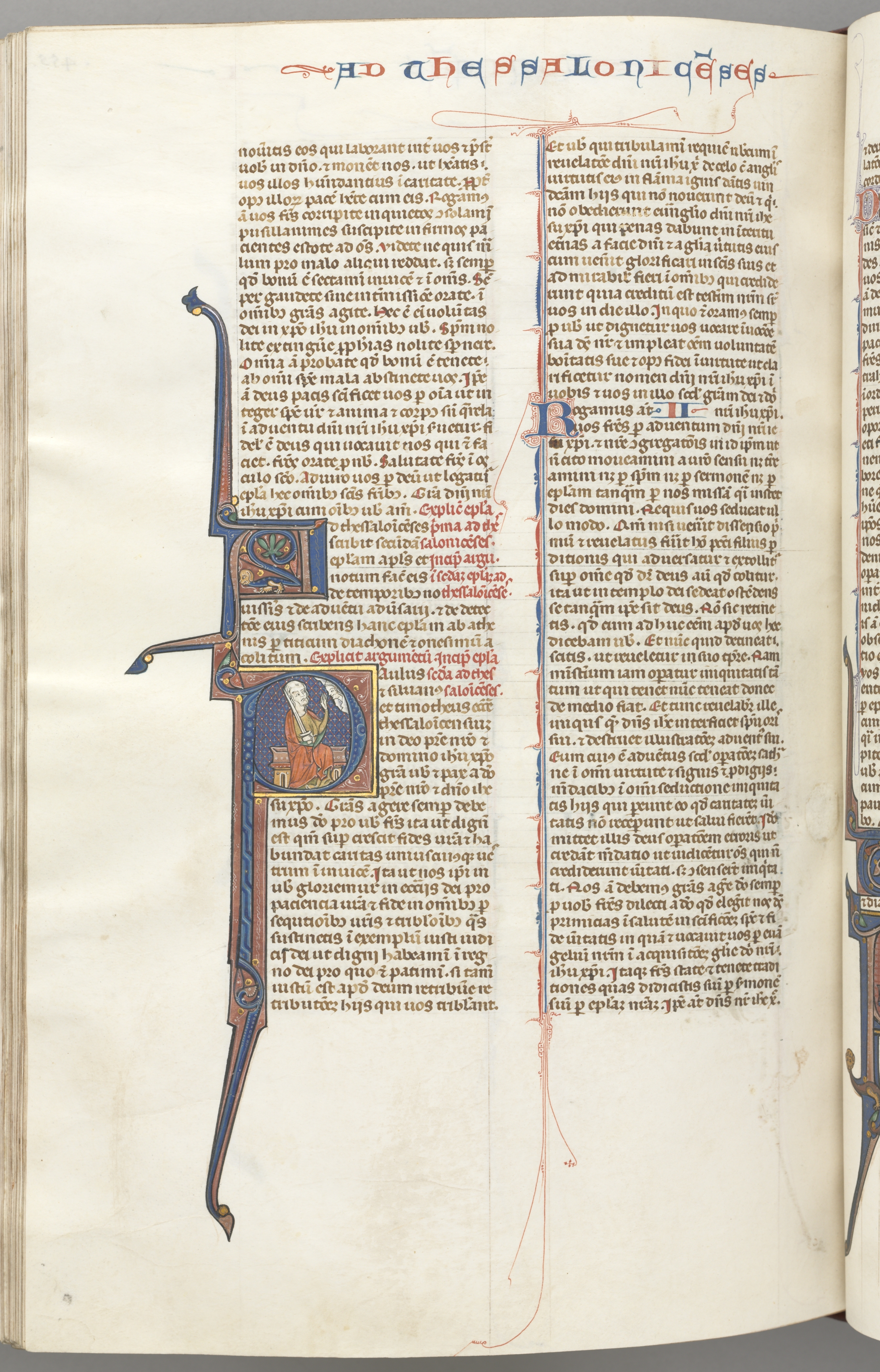 Fol. 455v, Thessalonians II, historiated initial P, Paul seated with a sword, talking to the bust of God above
