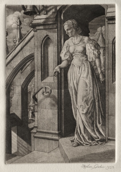 Illustration for "Peronnik the Fool":  Redemonde on the Staircase
