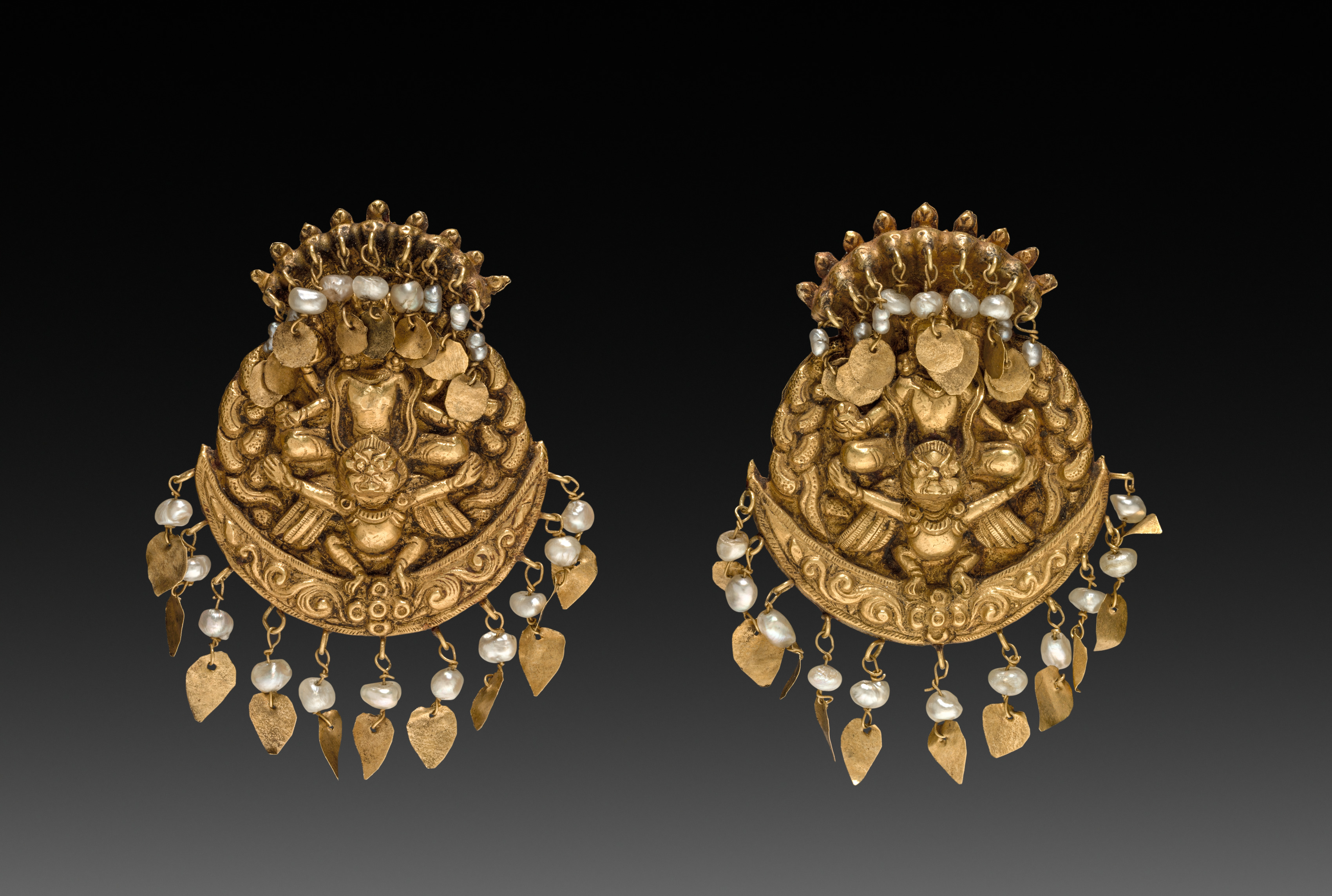 Pair of Earrings with Four-Armed Vishnu Riding Garuda with Nagas (serpent divinities)