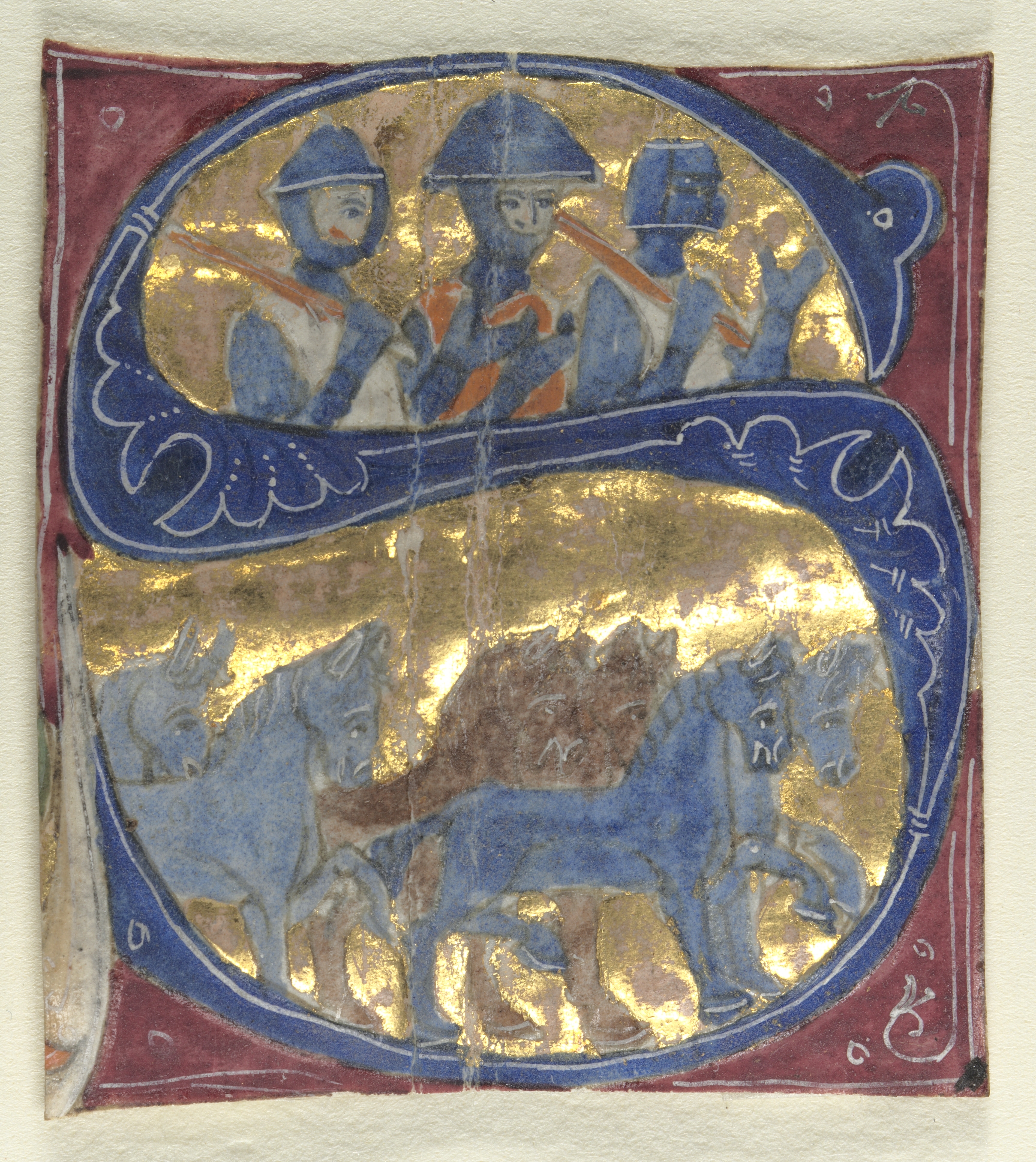 Historiated Initial (S) Excised from a Bible: Soldiers and Horses