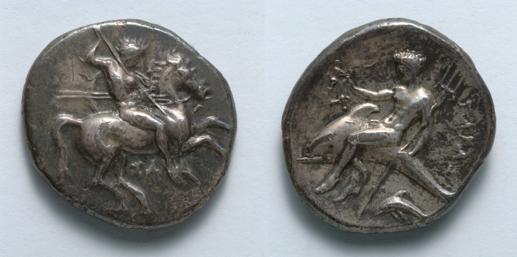 Stater: Nude Warrior on Horseback (obverse); Taras (reverse)