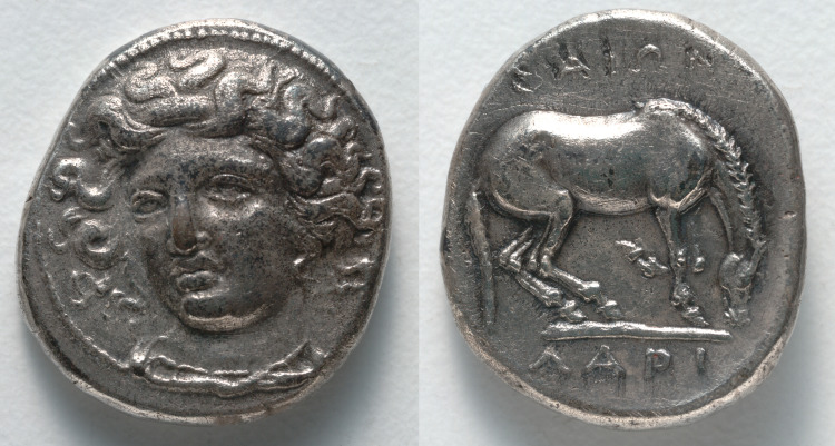Drachm: Head of Larissa (Nymph) (obverse); Horse (reverse)
