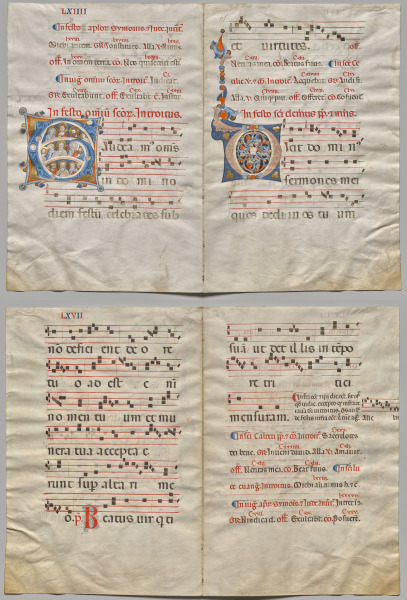 Bifolio from a Gradual:  Initial (G) with Christ, the Virgin, and Apostles and Initial (O) (recto); Music and Text (verso)
