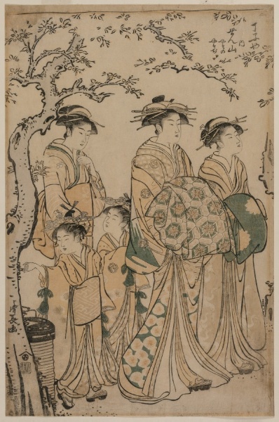 The Courtesan Senzan of Chojiya Strolling with her Kamuro Yasono and Yasoji and Two Shinzo
