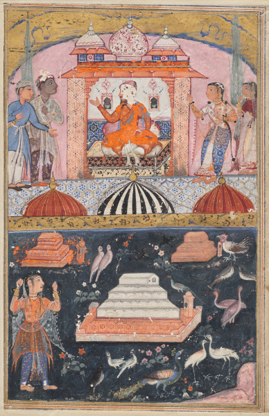 The merchant hears of his wife’s unfaithfulness (above); the unfaithful wife performs penance by plucking her hair (below), from a Tuti-nama (Tales of a Parrot): First Night
