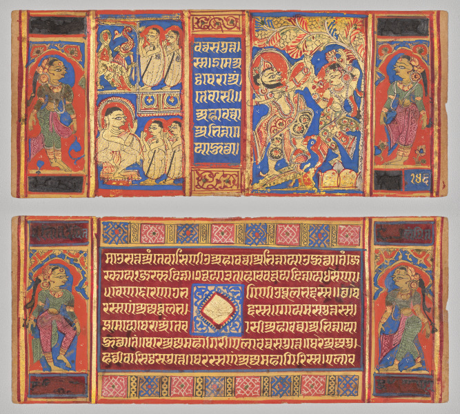 Folio 146 from the “Devasano Pada Bhandar” Kalpa-sutra: Celestial dancers (recto); Sthulabhadra and his sisters; Kosha and the charioteer (verso)