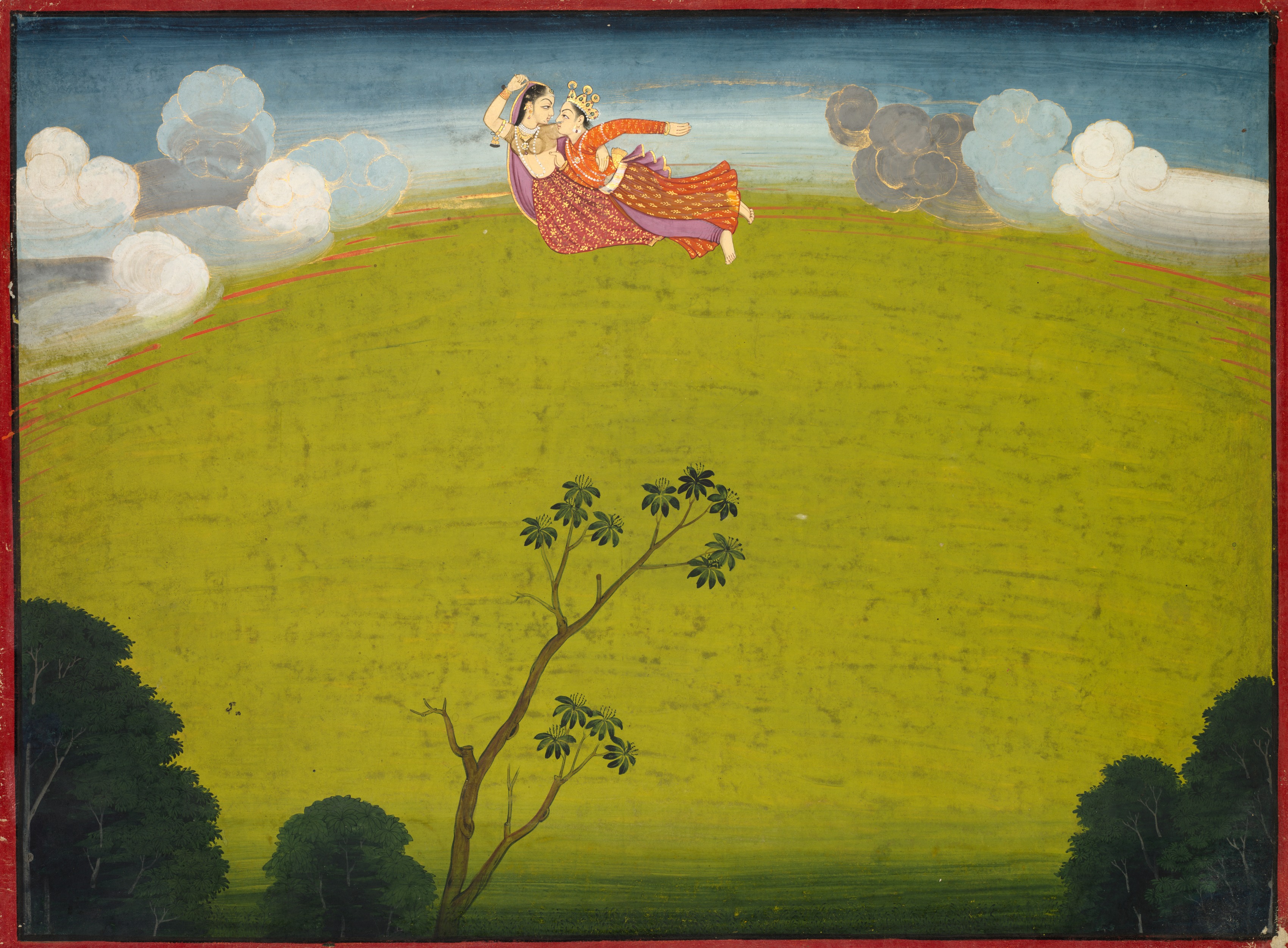 Pradyumna and Mayavati Fly to Dvaraka, from the Large Basohli Bhagavata Purana