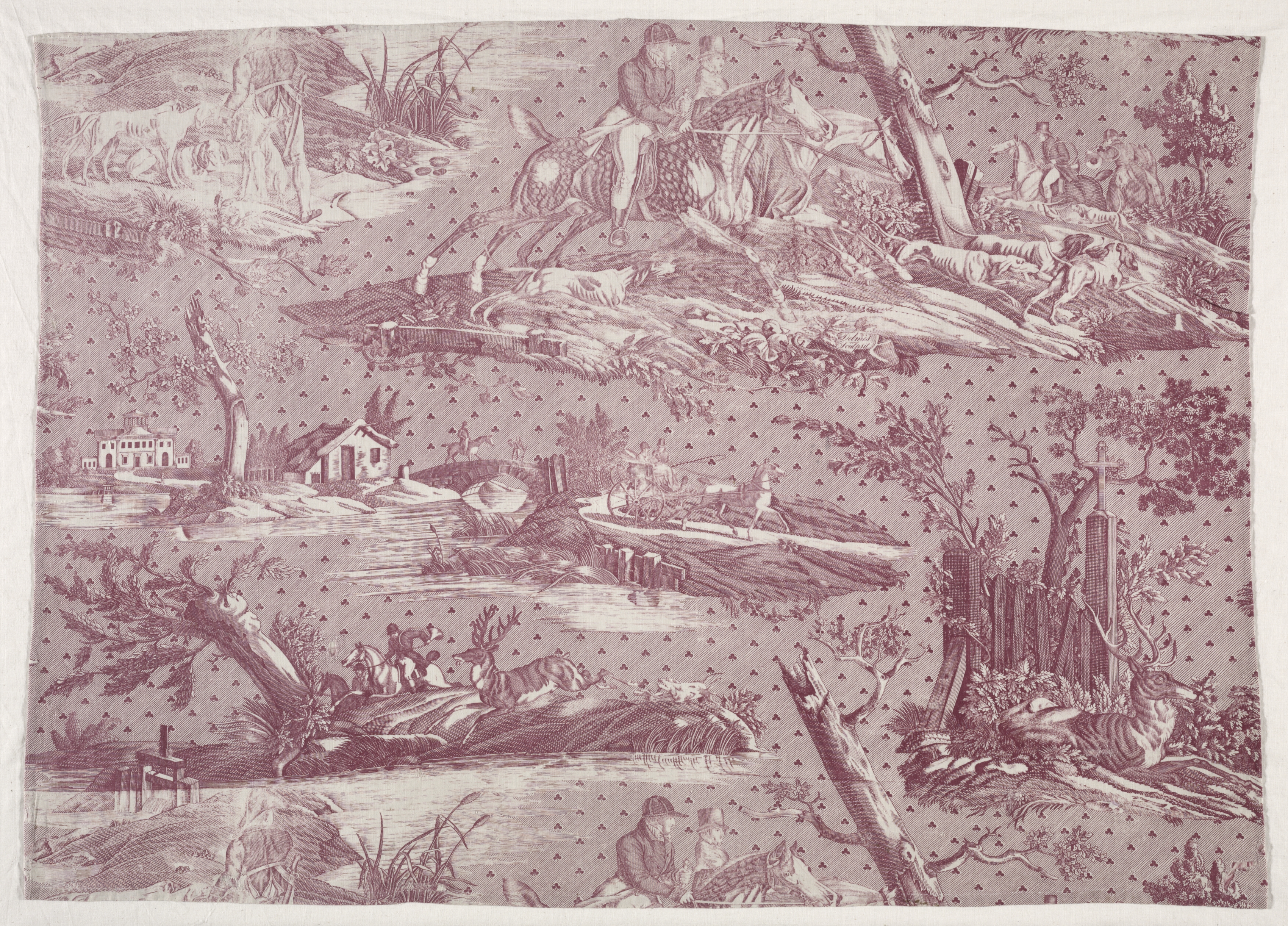 Fragment of Copperplate Printed Cotton with Hunting Scene Design
