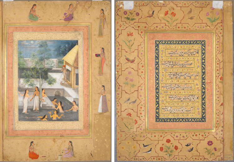 Leaf from the Late Shah Jahan Album: Harem Night-Bathing Scene (recto); Calligraphy Framed by an Ornamental Border of Flowers and Birds (verso)