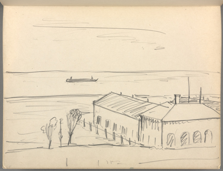 Sketchbook No. 6, page 3: Pencil, large building, water with flat boat, sky