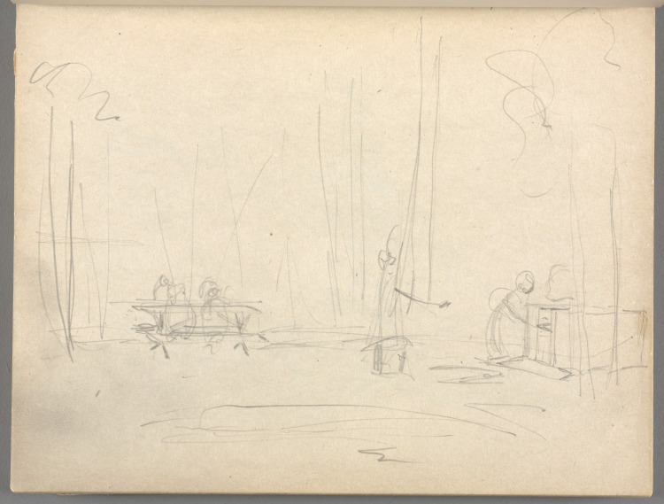 Sketchbook No. 6, page 23: Pencil drawing of picnic table in woods, figure at grill
