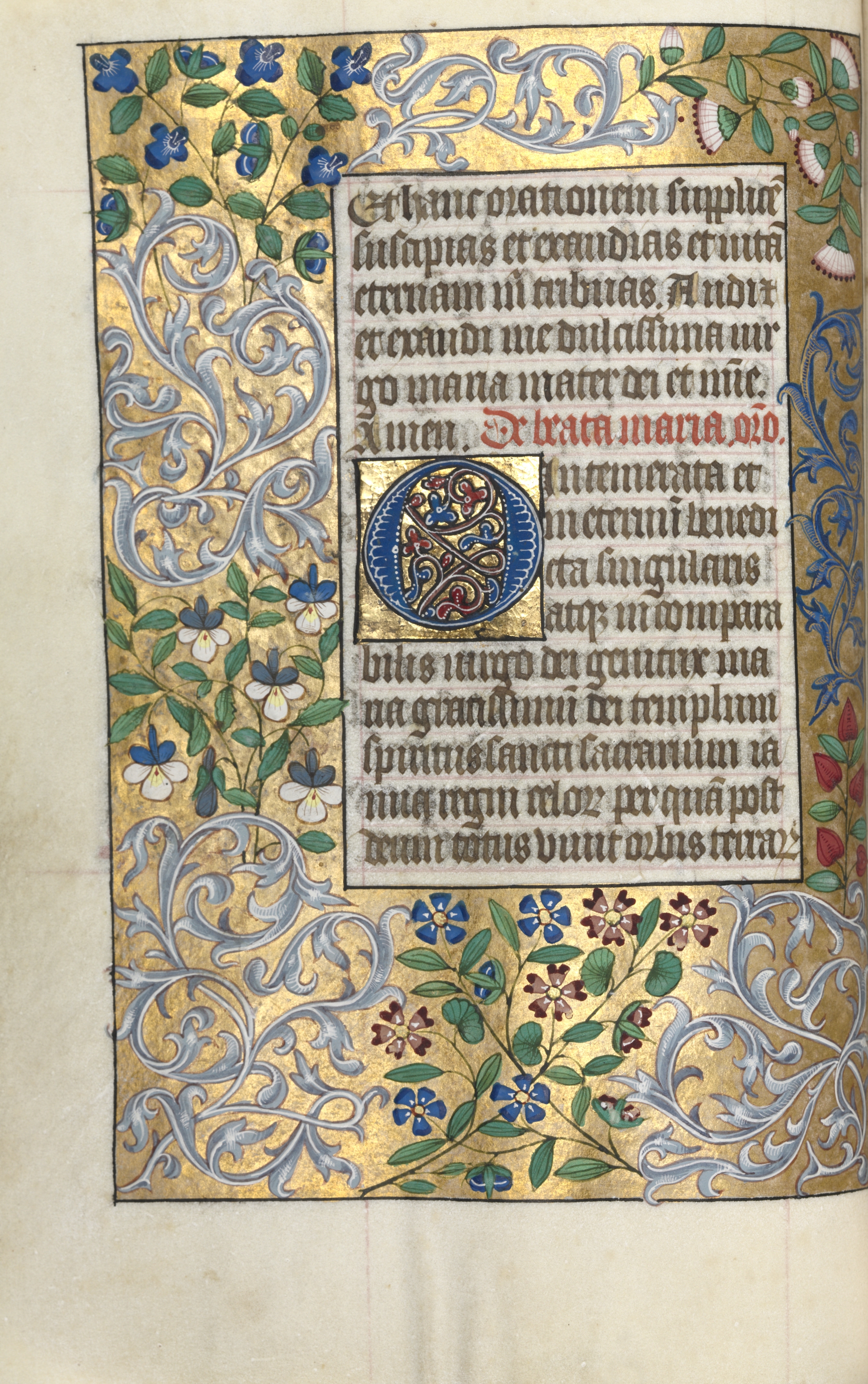 Book of Hours (Use of Rouen): fol. 22v, Prayer to the Virgin, Large Initial O with Elaborate Border