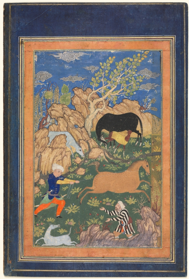 Rustam Lassoing his Horse, Rakhsh, in a Landscape (recto) | Cleveland ...