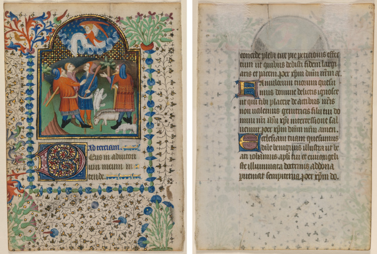 Leaf from a Book of Hours: Annunciation to the Shepherds (recto) and Text (verso)
