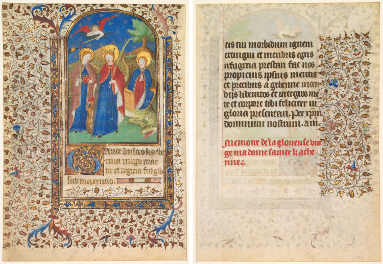 Leaf from a Book of Hours: Sts. Geneviève, Catherine of Alexandria, and Margaret (recto) and Text (verso)