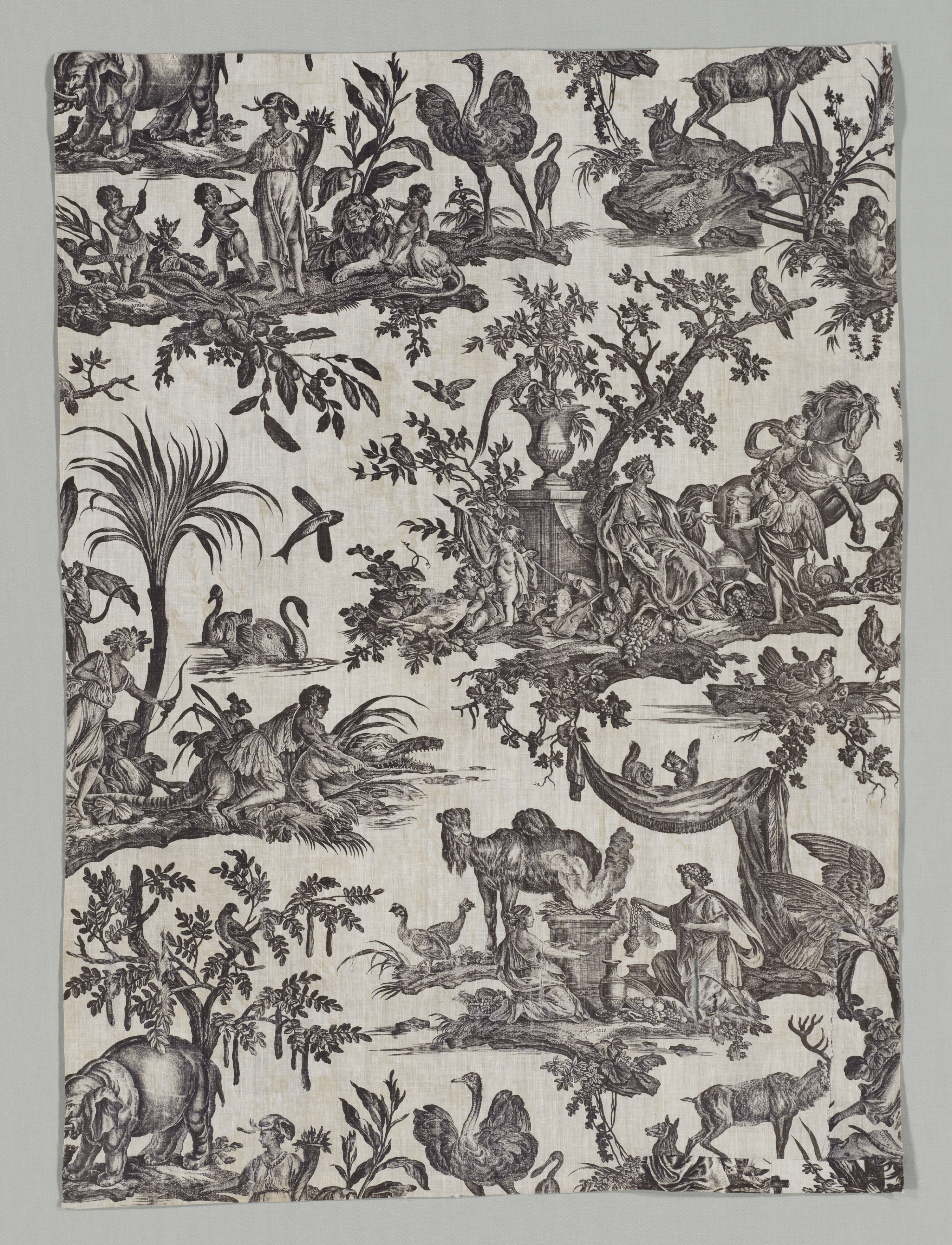 Fragment of Copperplate Printed Cotton with "Les quatres parties du monde" Design