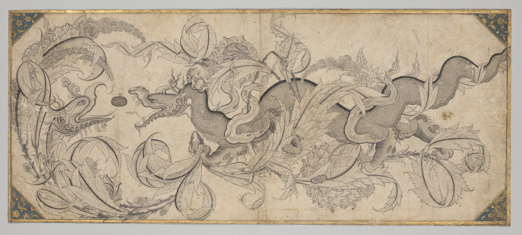 Dragon in foliage with lion and phoenix heads