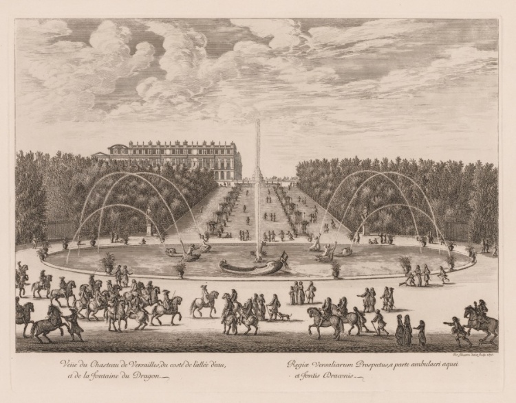 Vue du Château de Versailles, du côté de l'allée et de la fontaine du Dragon