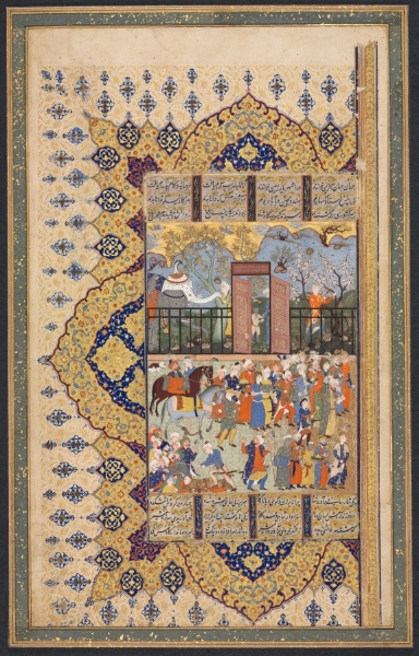 King Luhrasp Ascends the Throne: a Processon Arrives at Court, recto of the left folio of a double-page composition from a Shahnama (Book of Kings) of Firdausi (940-1019 or 1025)