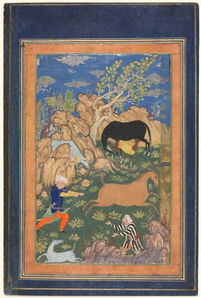 Rustam Lassoing his Horse, Rakhsh, in a Landscape (recto)