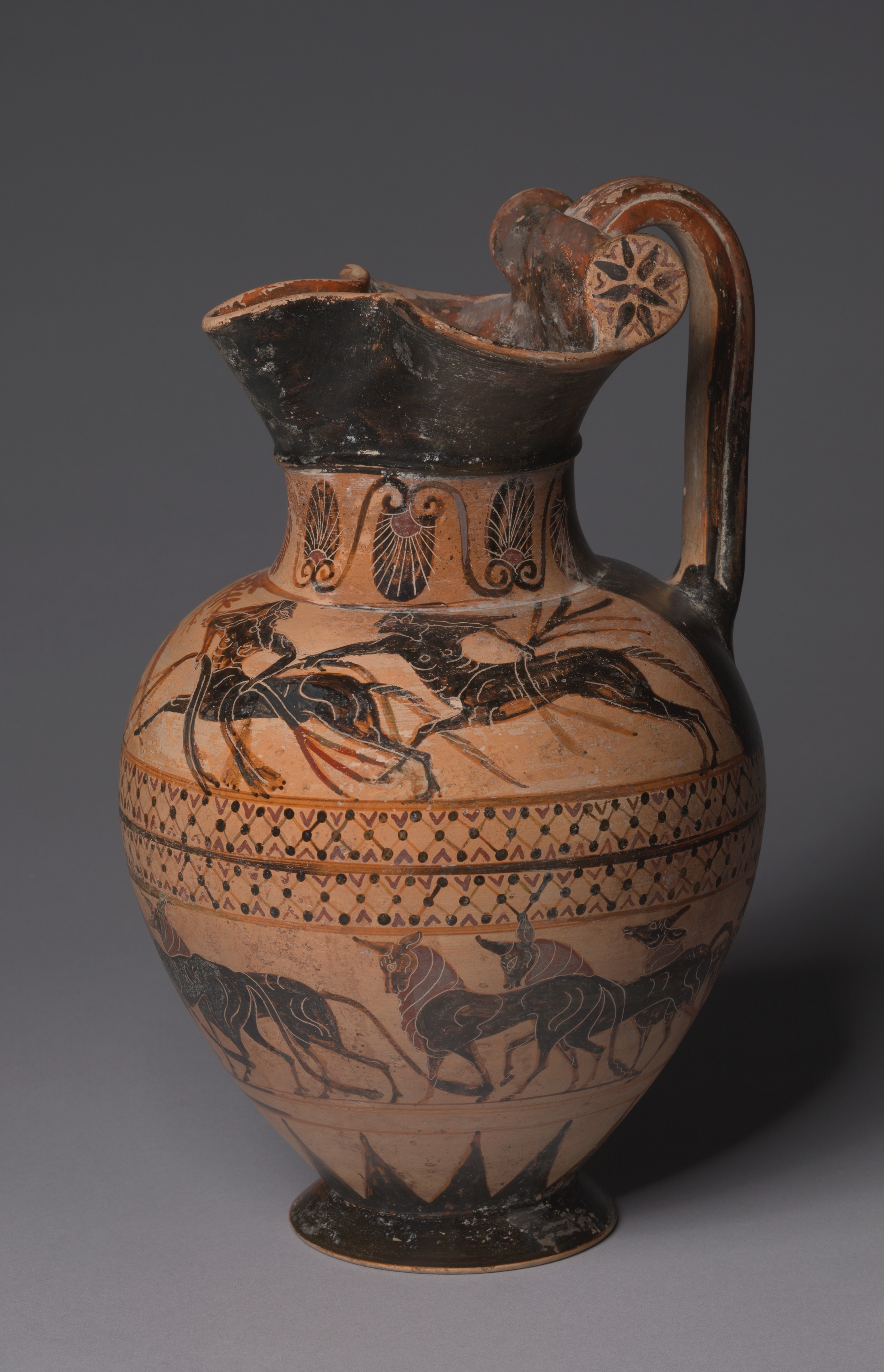 Black-Figure Oinochoe (Wine Jug): Hercle (Herakles) and Pholos; Cattle (of Geryon?)
