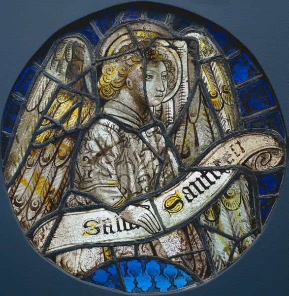 Stained Glass Roundel with an Angel Holding a Scroll