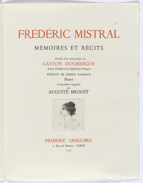 Frédéric Mistral: Mémoires et Recits by Frédéric Mistral: title page, bust of woman in profile