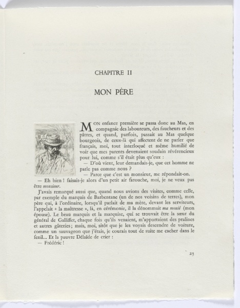 Frédéric Mistral: Mémoires et Recits by Frédéric Mistral: bust of man with hat (page 23)