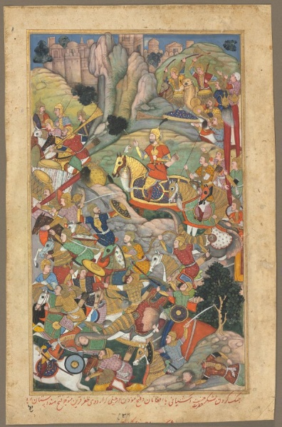 Mughal ruler Humayun defeating the Afghans before reconquering India, folio from an Akbar-nama (Book of Akbar) of Abu’l Fazl (Indian, 1551–1602)
