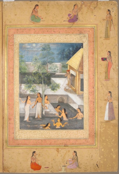 Page from the Late Shah Jahan Album: Harem Night-Bathing Scene (recto)