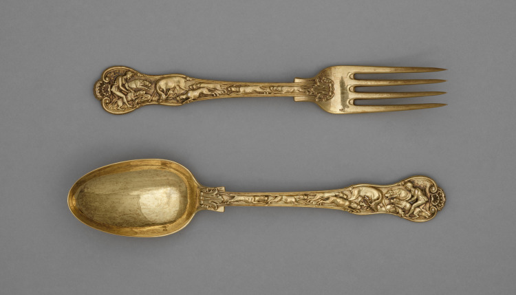 Dessert Fork and Spoon with Hunt Scenes