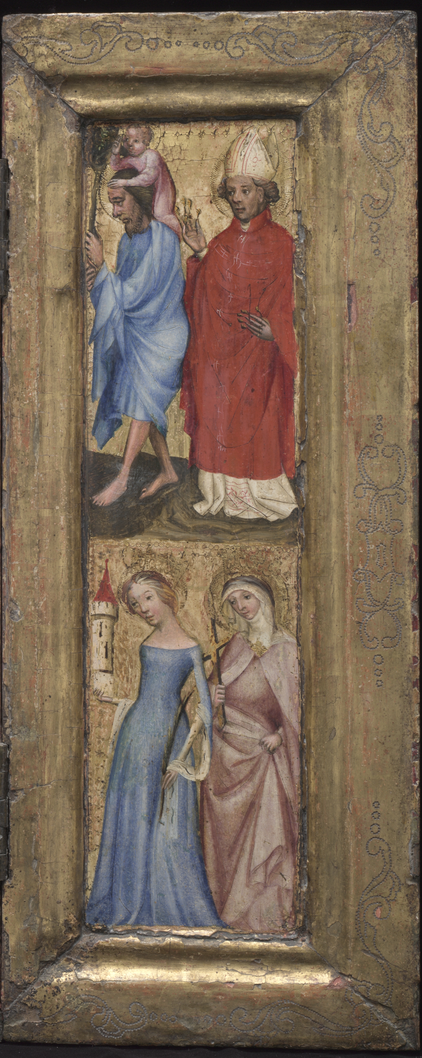 St. Christopher, St. Erasmus, St. Barbara, and another female saint