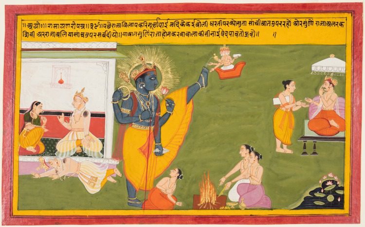 Queen Kaikeyi reminds King Dasharatha about the sacrifices of King Bali and King Shivi, folio 39 from the Ayodhya Kanda (Book of Ayodhya) of a Ramayana (Rama's Journey)